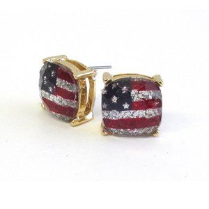 American Flag Stud Earrings Rhinestone Glitter Red White Blue USA Patriot